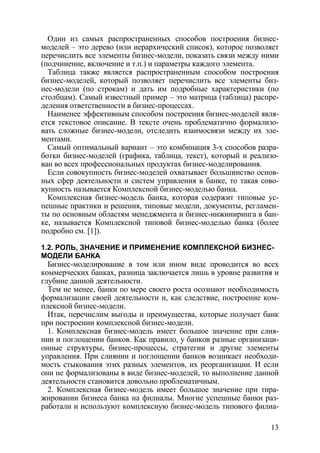 Один из самых распространенных способов построения бизнес-
моделей – это дерево (или иерархический список), которое позволяет
перечислить все элементы бизнес-модели, показать связи между ними
(подчинение, включение и т.п.) и параметры каждого элемента.
  Таблица также является распространенным способом построения
бизнес-моделей, который позволяет перечислить все элементы биз-
нес-модели (по строкам) и дать им подробные характеристики (по
столбцам). Самый известный пример – это матрица (таблица) распре-
деления ответственности в бизнес-процессах.
  Наименее эффективным способом построения бизнес-моделей явля-
ется текстовое описание. В тексте очень проблематично формализо-
вать сложные бизнес-модели, отследить взаимосвязи между их эле-
ментами.
  Самый оптимальный вариант – это комбинация 3-х способов разра-
ботки бизнес-моделей (графика, таблица, текст), который и реализо-
ван во всех профессиональных продуктах бизнес-моделирования.
  Если совокупность бизнес-моделей охватывает большинство основ-
ных сфер деятельности и систем управления в банке, то такая сово-
купность называется Комплексной бизнес-моделью банка.
  Комплексная бизнес-модель банка, которая содержит типовые ус-
пешные практики и решения, типовые модели, документы, регламен-
ты по основным областям менеджмента и бизнес-инжиниринга в бан-
ке, называется Комплексной типовой бизнес-моделью банка (более
подробно см. [1]).

1.2. РОЛЬ, ЗНАЧЕНИЕ И ПРИМЕНЕНИЕ КОМПЛЕКСНОЙ БИЗНЕС-
МОДЕЛИ БАНКА
  Бизнес-моделирование в том или ином виде проводится во всех
коммерческих банках, разница заключается лишь в уровне развития и
глубине данной деятельности.
  Тем не менее, банки по мере своего роста осознают необходимость
формализации своей деятельности и, как следствие, построение ком-
плексной бизнес-модели.
  Итак, перечислим выгоды и преимущества, которые получает банк
при построении комплексной бизнес-модели.
  1. Комплексная бизнес-модель имеет большое значение при слия-
нии и поглощении банков. Как правило, у банков разные организаци-
онные структуры, бизнес-процессы, стратегии и другие элементы
управления. При слиянии и поглощении банков возникает необходи-
мость стыкования этих разных элементов, их реорганизации. И если
они не формализованы в виде бизнес-моделей, то выполнение данной
деятельности становится довольно проблематичным.
  2. Комплексная бизнес-модель имеет большое значение при тира-
жировании бизнеса банка на филиалы. Многие успешные банки раз-
работали и используют комплексную бизнес-модель типового филиа-

                                                               13
 