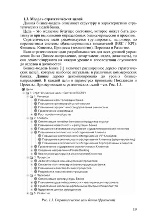 1.3. Модель стратегических целей
  Данная бизнес-модель описывает структуру и характеристики стра-
тегических целей банка.
  Цель – это желаемое будущее состояние, которое может быть дос-
тигнуто при выполнении определённых бизнес-процессов и проектов.
  Стратегические цели рекомендуется группировать, например, по
перспективам системы сбалансированных показателей (BSC / KPI):
Финансы, Клиенты, Процессы (технологии), Персонал и Развитие.
  Если стратегические цели разрабатываются для всех уровней управ-
ления банка (бизнес-направление, департамент, отдел, должность), то
они декомпозируются на каждом уровне и впоследствии опускаются
до отделов и должностей.
  Бизнес-модель Банка [1] включает расширенное дерево стратегиче-
ских целей, которые наиболее актуальны в различных коммерческих
банках. Данное дерево декомпозировано до уровня бизнес-
направлений. К каждой цели в параметрах привязаны Показатели и
Проекты. Пример модели стратегических целей – см. Рис. 1.3.




            Рис. 1.3. Стратегические цели банка (фрагмент)

                                                                19
 