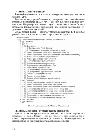 1.4. Модель показателей KPI
  Данная бизнес-модель описывает структуру и характеристики пока-
зателей (KPI).
  Показатели могут разрабатываться, как в рамках системы сбаланси-
рованных показателей (BSC / KPI) – см. Рис. 1.4, так и в рамках дру-
гих задач. Например, для оценки результативности отдельных бизнес-
процессов (операционные показатели), для оценки достижения от-
дельных стратегических целей.
  Бизнес-модель Банка [1] включает модель показателей KPI, которые
разработаны и привязаны для всех стратегических целей.




              Рис. 1.4. Показатели KPI банка (фрагмент)

  1.5. Модель проектов / стратегических инициатив
  Модель проектов предназначена для систематизации управления
проектами в банке. Проект – это деятельность, выполняемая одно-
кратно, ограниченная во времени (в отличие от бизнес-процесса) и
направленная на достижение определенного результата.


20
 