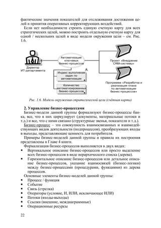 фактические значения показателей для отслеживания достижения це-
лей и принятия оперативных корректирующих воздействий.
  Если нет необходимости строить единую счетную карту для всех
стратегических целей, можно построить отдельную счетную карту для
одной / нескольких целей в виде модели окружения цели – см. Рис.
1.6.



                        Автоматизация
                           ключевых                  Проект «Внедрение
                       бизнес-процессов                CRM-системы»
   Директор
ИТ-департамента
                      Индекс выполнения
                           задач по
                        автоматизации
                                                   Программа «Разработка и
                         Количество                   реализация плана
                     автоматизированных                по автоматизации
                      бизнес-процессов                бизнес-процессов»


     Рис. 1.6. Модель окружения стратегической цели (счётная карта)

  2. Управление бизнес-процессами
  Бизнес-модели данной группы формализуют бизнес-процессы бан-
ка, все, что в них циркулирует (документы, материальные потоки и
т.д.) и все, что с ними связано (структурные звенья, показатели и т.д.).
  Бизнес-процесс – это совокупность взаимосвязанных и взаимодей-
ствующих видов деятельности (подпроцессов), преобразующих входы
в выходы, представляющие ценность для потребителя.
  Примеры бизнес-моделей данной группы и правила их построения
представлены в Главе 4 книги.
  Формализация бизнес-процессов выполняется в двух видах:
     Вертикальное описание бизнес-процессов или просто выделение
     всех бизнес-процессов в виде иерархического списка (дерева).
     Горизонтальное описание бизнес-процессов или детальное описа-
     ние бизнес-процессов, указание взаимосвязей (бизнес-логики)
     между бизнес-процессами (процедурами, функциями) из дерева
     процессов.
  Основные элементы бизнес-моделей данной группы:
     Процесс / функция
     Событие
     Связь (стрелка)
     Операторы (условие, И, ИЛИ, исключающее ИЛИ)
     Потоки (входы-выходы)
     Ссылки (внешние, междиаграммные)
     Операционные ресурсы

22
 