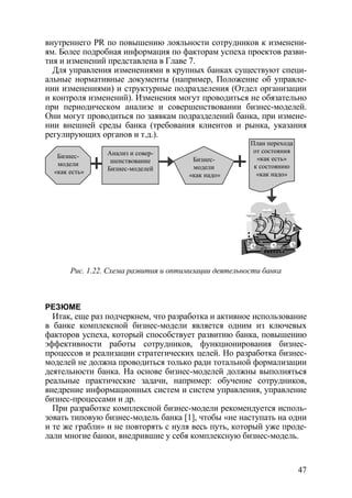 внутреннего PR по повышению лояльности сотрудников к изменени-
ям. Более подробная информация по факторам успеха проектов разви-
тия и изменений представлена в Главе 7.
  Для управления изменениями в крупных банках существуют специ-
альные нормативные документы (например, Положение об управле-
нии изменениями) и структурные подразделения (Отдел организации
и контроля изменений). Изменения могут проводиться не обязательно
при периодическом анализе и совершенствовании бизнес-моделей.
Они могут проводиться по заявкам подразделений банка, при измене-
нии внешней среды банка (требования клиентов и рынка, указания
регулирующих органов и т.д.).
                                                        План перехода
                 Анализ и совер-                         от состояния
   Бизнес-                              Бизнес-           «как есть»
   модели         шенствование
                 Бизнес-моделей         модели           к состоянию
  «как есть»                           «как надо»         «как надо»




       Рис. 1.22. Схема развития и оптимизации деятельности банка



РЕЗЮМЕ
  Итак, еще раз подчеркнем, что разработка и активное использование
в банке комплексной бизнес-модели является одним из ключевых
факторов успеха, который способствует развитию банка, повышению
эффективности работы сотрудников, функционирования бизнес-
процессов и реализации стратегических целей. Но разработка бизнес-
моделей не должна проводиться только ради тотальной формализации
деятельности банка. На основе бизнес-моделей должны выполняться
реальные практические задачи, например: обучение сотрудников,
внедрение информационных систем и систем управления, управление
бизнес-процессами и др.
  При разработке комплексной бизнес-модели рекомендуется исполь-
зовать типовую бизнес-модель банка [1], чтобы «не наступать на одни
и те же грабли» и не повторять с нуля весь путь, который уже проде-
лали многие банки, внедрившие у себя комплексную бизнес-модель.


                                                                        47
 
