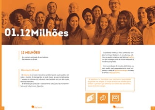 8 9
O diabetes é um dos mais sérios problemas de saúde pública em
todo o mundo. A doença não só pode trazer graves complicações
- agudas ve crônicas no indivıduo, mas também tem um alto custo
social e financéiro.
A identificação précoce e o tratamento adequado são fundamen-
tais para reduziresses impactos.
é o número estimado de portadores
de diabetes no Brasil.
Contexto Brasil
12 MILHÕES
12Milhões01.
A insulina é o hormônio que controla a quantidade
de glicose no sangue. O corpo precisa da insulina para
utilizar a glicose, que obtemos por meio dos alimentos,
como fonte de energia.
O diabetes mellitus, mais conhecido sim-
plesmente por diabetes, é uma doença crô-
nica na qual o corpo ou não fabrica insulina
ou não consegue usar de forma adequada a
insulina que produz.
Com a produção de insulina deficitária, ou
sem poder usar adequadamente esse hor-
mônio, o nível de glicose no sangue fica alto
é temos a hiperglicemia.
 