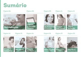 Sumário
Página 06.
Página 14.
Introdução
Página 15.
Página 08.
Página 16.
Quando
a Jornada
Começa
Primeira
Consulta
Alto Risco Fatores
de Risco
Página 09.
Página 18.
Página 11.
Página 19.
Página 13.
Página 20.
Os Primeiros
Sintomas
Exercícios Zika VírusAlimentação
Viagem
Pelo Corpo
Diário
de Bordo
 