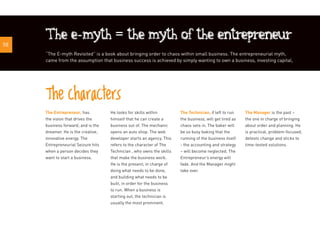 58
     The e-myth = the myth of the entrepreneur
     “The E-myth Revisited” is a book about bringing order to chaos with...