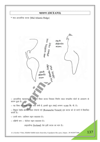 A-1, Keshav Vihar, Riddhi Siddhi main chauraha, Gopalpura Bye pass, Jaipur , M-9636977490 137
egklkxj (OCEANS)
* e/; vVykafVd dVd ¼Mid Atlantic Ridge½
& vVykafVd egklkxj ds e/; esa fLFkr dVd ftldk fuekZ.k LFky e.Myh; IysVksa ds vilj.k ds
dkj.k gqvk gSA
& ;g fo”o dh lcls yEch ioZr Js.kh gS] bldh dqy yackbZ yxHkx 14]000 fd- eh- gSA
& fo"kqor js[kh; {ks= esa fLFkr jksekUps xrZ ¼Romanche Trench½ bl dVd dks nks Hkkxksa esa foHkkftr
djrh gSA
& mŸkjh Hkkx& MkfYQu jkbu dgykrk gSA
& nf{k.kh Hkkx & psysatj jkbu dgykrk gSA
vkblyS.M ¼Iceland½ ns”k blh dVd dk Hkkx gSA
 