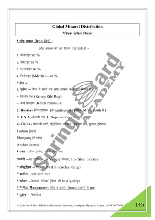 A-1, Keshav Vihar, Riddhi Siddhi main chauraha, Gopalpura Bye pass, Jaipur , M-9636977490 145
Global Minaral Distribution
oSf”od [kfut forj.k
* ykSg v;Ld ¼Iron Ore½ %
ykSg v;Ld dh pkj fdLesa ikbZ tkrh gS &
1- eSXusVkbV 80 %
2- gsesVkbV 70 %
3- fyeksukbV 60 %
4- flMsjkbV ¼Siderite½ & 40 %
* {ks= %&
1- ;qØsu %& fo”o esa lcls cM+s ykSg v;Ld ds Hk.Mkj feyrs gSA
& fØoks; fjg (Krivoy Rih/ Rog)
& dpZ izk;}hi (Kerch Peninsula)
2. Russia - esfXuVksxksLd (Magnitogorsk) (;wjky Mt. ds South esa )
3. U.S.A. -eslkch jsat (L. Superior Region)
4. China - ;sixth ?kkVh] isVªksfy;e] dks;yk] eapqfj;k {ks=] eqDnsu Vªka;xy
Fushun ¼iqlqu½
Shenyang ¼lsu;sax½
Anshan ¼vulu½
* Ýkal &ykWjsu ¼Ýkal] teZuh lhek ij½
*teZuh &:j ?kkVh ¼Ruhr Valley½ dks;yk] Iron Steel Industry
* vkWLVªsfy;k & fiycjk {ks= ¼Hamerseley Range½
* czkthy &ekVks xzklks iBkj
* LohMu &fd:uk] xsfyosj ¼fo”o dh best quality½
* eSXuht Manganese& ykSg o bLikr ¼steel½ m|ksxksa esa use
* ;qØsu & fudksiksy
 