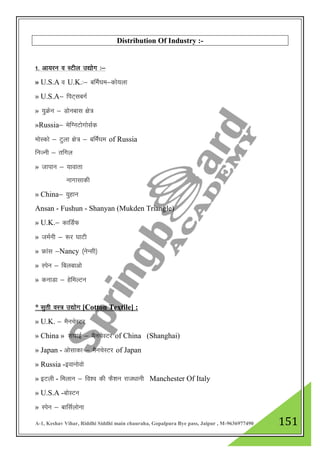 A-1, Keshav Vihar, Riddhi Siddhi main chauraha, Gopalpura Bye pass, Jaipur , M-9636977490 151
Distribution Of Industry :-
1- vk;ju o LVhy m|ksx %&
» U.S.A o U.K.%& cfeZZ?ke&dks;yk
» U.S.A& fiV~lcxZ
» ;qØsu & Mksuckl {ks=
»Russia& esfXuVksxkslZd
eksLdks & Vqyk {ks= & cfeZa?ke of Russia
fuTuh & rfxy
» tkiku & ;kokrk
ukxklkdh
» China& ;qgku
Ansan - Fushun - Shanyan (Mukden Triangle)
» U.K.& dkfMZQ
» teZuh & :j ?kkVh
» Ýkal &Nancy ¼usUlh½
» Lisu & fcyckvks
» dukMk & gsfeYVu
* lqrh oL= m|ksx [Cotton Textile] :
» U.K. & eSupsLVj
» China » 'ka?kkbZ & eSupsLVj of China (Shanghai)
» Japan - vkslkdk & eSupsLVj of Japan
» Russia -bokuksoks
» bVyh - feyku & fo”o dh QS”ku jkt/kkuh Manchester Of Italy
» U.S.A -cksLVu
» Lisu & ckflZyksuk
 