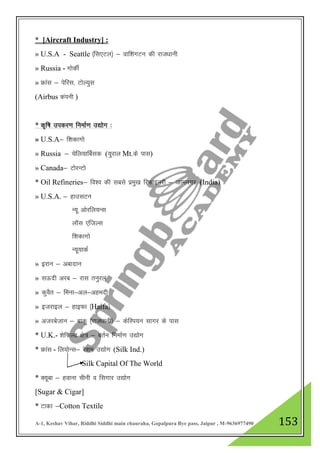 A-1, Keshav Vihar, Riddhi Siddhi main chauraha, Gopalpura Bye pass, Jaipur , M-9636977490 153
* [Aircraft Industry] :
» U.S.A - Seattle ¼fl,Vy½ & okf”kaxVu dh jkt/kkuh
» Russia - xksdhZ
» Ýkal & isfjl] VksY;ql
(Airbus daiuh )
* d`f"k midj.k fuekZ.k m|ksx %
» U.S.A& f”kdkxks
» Russia & psfy;kfcZld (;qjky Mt.ds ikl)
» Canada& VksjUVks
* Oil Refineries& fo”o dh lcls izeq[k fjQkbujh & tkeuxj (India)
» U.S.A. & gkmlVu
U;w vksjfy;Ul
ykWl ,aftYl
f”kdkxks
U;w;kdZ
» bjku & vcknku
» lÅnh vjc & jkl ruqjy
» dqoSr & feuk&vy&vgenh
» btjkby & gkbQk ¼Haifa½
» vtjcstku & ckdq ¼jkt/kkuh½ & dsfLi;u lkxj ds ikl
* U.K.- 'ksfQYM {ks= & crZu fuekZ.k m|ksx
* Ýkal - fy;ksUl& js”ke m|ksx (Silk Ind.)
Silk Capital Of The World
* D;wck & gokuk phuh o flxkj m|ksx
[Sugar & Cigar]
* Vkdk &Cotton Textile
 
