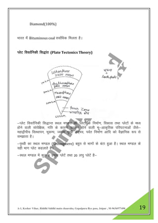 A-1, Keshav Vihar, Riddhi Siddhi main chauraha, Gopalpura Bye pass, Jaipur , M-9636977490 19
Diamond(100%)
Hkkjr esa Bituminous coal lokZf/kd feyrk gSA
IysV foorZfudh fl)kar (Plate Tectonics Theory)
&IysV foorZfudh fl)kUr LFky e.My dh IysVksa ds fuekZ.k] fodkl rFkk IysVksa ds e/;
gksus okyh lakisf{kd] xfr ds dkj.k mRiUu gksus okyh Hkw&vkd`frd ifj?kVukvksa tSls&
egk}hih; foLFkkiu] HkwdEi] Tokyk eq[kh mn~Hko] ioZr fuekZ.k vkfn dks oSKkfud :i ls
le>krk gSA
&i`Foh dk LFky e.My (Lithosphere) cgqr ls Hkkxksa ds caVk gqvk gSA LFky e.My ds
;gh Hkkx IysV dgykrs gSA
&LFky e.My esa dqy 6 izeq[k IysVsa rFkk 20 y?kq IysVsa gS&
 
