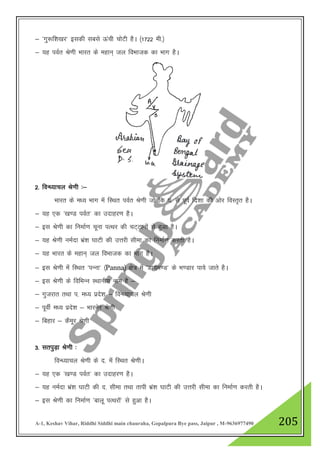 A-1, Keshav Vihar, Riddhi Siddhi main chauraha, Gopalpura Bye pass, Jaipur , M-9636977490 205
& ^xq:f”k[kj* bldh lcls Åaph pksVh gSA ¼1722 eh-½
& ;g ioZr Js.kh Hkkjr ds egku~ ty foHkktd dk Hkkx gSA
2- foU/;kpy Js.kh %&
Hkkjr ds e/; Hkkx esa fLFkr ioZr Js.kh tks fd i- ls iwoZ fn”kk dh vksj foLr`r gSA
& ;g ,d ^[k.M ioZr* dk mnkgj.k gSA
& bl Js.kh dk fuekZ.k pwuk iRFkj dh pV~Vkuksa ls gqvk gSA
& ;g Js.kh ueZnk Hkaz”k ?kkVh dh mŸkjh lhek dk fuekZ.k djrh gSA
& ;g Hkkjr ds egku~ ty foHkktd dk Hkkx gSA
& bl Js.kh esa fLFkr ^iUuk* ¼Panna½ {ks= esa ^Mk;e.M* ds Hk.Mkj ik;s tkrs gSA
& bl Js.kh ds fofHkUu LFkkuh; uke gS &
& xqtjkr rFkk i- e/; izns”k & foU/;kpy Js.kh
& iwohZ e/; izns”k & Hkkjusj Js.kh
& fcgkj & dSewj Js.kh
3- lriqM+k Js.kh %
foU/;kpy Js.kh ds n- esa fLFkr Js.khA
& ;g ,d ^[k.M ioZr* dk mnkgj.k gSA
& ;g ueZnk Hkaz”k ?kkVh dh n- lhek rFkk rkih Hkaz”k ?kkVh dh mŸkjh lhek dk fuekZ.k djrh gSA
& bl Js.kh dk fuekZ.k ^ckyw iRFkjksa* ls gqvk gSA
 