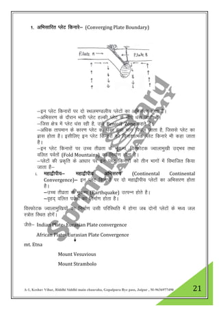 A-1, Keshav Vihar, Riddhi Siddhi main chauraha, Gopalpura Bye pass, Jaipur , M-9636977490 21
1- vfHklkfjr IysV fdukjs& (Converging Plate Boundary)
&bu IysV fdukjksa ij nks LFkye.Myh; IysVksa dk vfHklj.k gksrk gSA
&vfHklj.k ds nkSjku Hkkjh IysV gYdh IysV ds uhps /kal tkrh gSA
&ftl {ks= esa IysV /kal jgh gS] mls Benioff Zone dgrs gSA
&vf/kd rkieku ds dkj.k IysV dk /kalk gqvk Hkkx fi?ky tkrk gS] ftlls IysV dk
gzkl gksrk gSA blhfy, bu IysV fdukjksa dks fouk”kkRed IysV fdukjs Hkh dgk tkrk
gSA
&bu IysV fdukjksa ij mPp rhozrk ds HkwdEi] foLQksVd Tokykeq[kh mn~Hko rFkk
ofyr ioZrksa (Fold Mountains) dk fuekZ.k gksrk gSA
&IysVksa dh izd`fr ds vk/kkj ij bu IysV fdukjksa dks rhu Hkkxksa esa foHkkftr fd;k
tkrk gS&
i. egk}hih;& egk}hih; vfHklj.k (Continental Continental
Convergence)& bu IysV fdukjksa ij nks egk}hih; IysVksa dk vfHklj.k gksrk
gSA
&mPPk rhozrk ds HkwdEi (Earthquake) mRiUu gksrs gSA
&o`gn~ ofyr ioZrksa dk fuekZ.k gksrk gSA
foLQksVd Tokykeqf[k;ksa dk fuekZ.k mlh ifjfLFkfr esa gksxk tc nksuksa IysVksa ds e/; ty
L=ksr fLFkr gksxsaA
tSls& Indian Plate- Eurasian Plate convergence
African Plate- Eurasian Plate Convergence
mt. Etna
Mount Vesuvious
Mount Strambolo
 