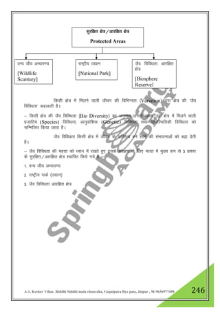 A-1, Keshav Vihar, Riddhi Siddhi main chauraha, Gopalpura Bye pass, Jaipur , M-9636977490 246
fdlh {ks= esa feyus okyh thou dh fofHkUurk ¼Variation½ ml {ks= dh ^tSo
fofo/krk* dgykrh gSA
& fdlh {ks= dh tSo fofo/krk ¼Bio Diversity½ dk vuqeku yxkrs le; ml {ks= esa feyus okyh
iztkfr; (Species) fofo/krk] vkuqokaf”kd (Genetic) fofo/krk rFkk ikfjfjFkfrdh fofo/krk dks
lfEefyr fd;k tkrk gSA
tSo fofo/krk fdlh {ks= esa thou ds vfLrRo cus jgus dh laHkkoukvksa dks c<+k nsrh
gSA
& tSo fofo/krk dh egŸkk dks /;ku esa j[krs gq, blds laj{k.k ds fy, Hkkjr esa eq[; :i ls 3 izdkj
ds lqjf{kr@vkjf{kr {ks= LFkkfir fd;s x;s gS &
1- oU; tho vH;kj.;
2- jk"Vªh; ikdZ ¼m|ku½
3- tSo fofo/krk vkjf{kr {ks=
lqjf{kr {ks=@vkjf{kr {ks=
Protected Areas
oU; tho vH;kj.;
[Wildlife
Scantury]
jk"Vªh; m|ku
[National Park]
tSo fofo/krk vkjf{kr
{ks=
[Biosphere
Reserve]
 
