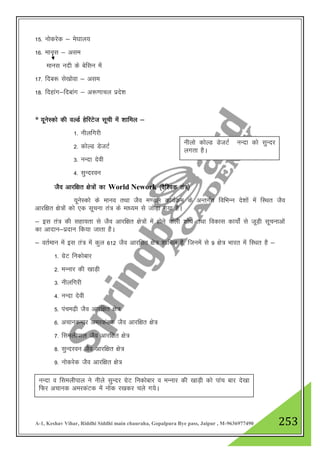 A-1, Keshav Vihar, Riddhi Siddhi main chauraha, Gopalpura Bye pass, Jaipur , M-9636977490 253
15- uksdjsd & es?kky;
16- ekul & vle
ekul unh ds csflu esa
17- fnc: ls[kksok & vle
18- fngkax&fnckax & v:.kkpy izns”k
* ;wusLdks dh oYMZ gsfjVst lwph esa 'kkfey &
1- uhyfxjh
2- dksYM MstVZ
3- uUnk nsoh
4- lqUnjou
tSo vkjf{kr {ks=ksa dk World Nework ¼oSf”od ra=½
;wusLdks ds ekuo rFkk tSo e.My dk;ZØe ds vUrxZr fofHkUu ns”kksa esa fLFkr tSo
vkjf{kr {ks=ksa dks ,d lwpuk ra= ds ek/;e ls tksM+k x;k gSA
& bl ra= dh lgk;rk ls tSo vkjf{kr {ks=ksa esa gksus okyh 'kks/k rFkk fodkl dk;ksZa ls twM+h lwpukvksa
dk vknku&iznku fd;k tkrk gSA
& orZeku eas bl ra= eas dqy 612 tSo vkjf{kr {ks= 'kkfey gS] ftuesa ls 9 {ks= Hkkjr esa fLFkr gS &
1- xzsV fudksckj
2- eUukj dh [kkM+h
3- uhyfxjh
4- uUnk nsoh
5- iape<+h tSo vkjf{kr {ks=
6- vpkudekj vejdaVd tSo vkjf{kr {ks=
7- fleyhiky tSo vkjf{kr {ks=
8- lqUnjou tSo vkjf{kr {ks=
9- uksdjsd tSo vkjf{kr {ks=
uhyks dksYM MstVZ uUnk dks lqUnj
yxrk gSA
uUnk o fleyhiky us uhys lqUnj xzsV fudksckj o eUukj dh [kkM+h dks ikap ckj ns[kk
fQj vpkud vejdaVd esa uksd j[kdj pys x;sA
 