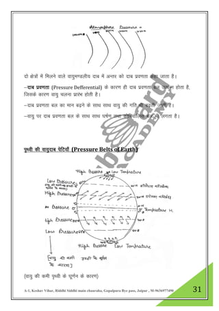A-1, Keshav Vihar, Riddhi Siddhi main chauraha, Gopalpura Bye pass, Jaipur , M-9636977490 31
nks {ks=ksa esa feyus okys ok;qe.Myh; nkc esa vUrj dks nkc izo.krk dgk tkrk gSA
&nkc izo.krk (Pressure Defferential) ds dkj.k gh nkc izo.krk cy mRiUu gksrk gS]
ftlds dkj.k ok;q pyuk izkjaHk gksrh gSA
&nkc izo.krk cy dk eku c<+us ds lkFk lkFk ok;q dh xfr Hkh c<+rh tkrh gSA
&ok;q ij nkc izo.krk cy ds lkFk lkFk ?k’kZ.k rFkk dksfj;ksfyl cy Hkh yxrk gSA
i`FOkh dh ok;qnkc isfV;k¡ (Pressure Belts of Earth)
¼ok;q dh deh i`Foh ds ?kw.kZu ds dkj.k½
 