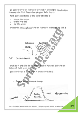 A-1, Keshav Vihar, Riddhi Siddhi main chauraha, Gopalpura Bye pass, Jaipur , M-9636977490 39
&bl izdkj ls mRiUUk rki foykserk ds dkj.k ?kkVh esa la?kuu fdz;k (Condenstion
Process) izkjaHk gksrh gS ftlls dksgjk (Fog) dk fuekZ.k gksrk gSA
&eSnkuh {ks=ksa es rki foykserk ds fy, t:jh ifjfLFkfr;kW gS&
I. vR;f/kd fuEu rkieku
II. vR;f/kd eUn gok,a
III. es?k jfgr vkdk”k
&lerkie.My (Stratosphere) esa Hkh rki foykserk dh ifjfLFkfr;kW ikbZ tkrh gS&
Labradore Current
(Cold)
Gulf Stream (Warm)
&leqnzh {ks=ksa esa B.Mh rFkk xeZ egklkxjh; /kkjkvksa ds feyus okys {ks=ksa es Hkh rki
foykserk dh fLFkfr mRiUu gksrh gSA
&blls mRiUu dksgjs ds dkj.k ukSogu esa leL;k mRiUu gksrh gSA
C. fpuwd o Qksgu (Chinook & Fohn)&
 