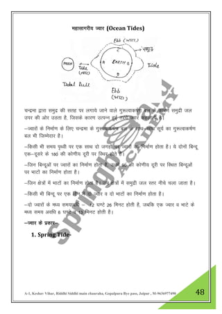 A-1, Keshav Vihar, Riddhi Siddhi main chauraha, Gopalpura Bye pass, Jaipur , M-9636977490 48
egklkxjh; Tokj (Ocean Tides)
pUnzek }kjk leqnz dh lrg ij yxk;s tkus okys xq:Rokd’kZ.k cy ds dkj.k leqnzh ty
mij dh vksj mBrk gS] ftlds dkj.k mRiUu gqbZ rjaxs Tokj dgykrh gSA
&Tokjksa ds fuekZ.k ds fy, pUnzek ds xq:Rokd’kZ.k cy ds lkFk&lkFk lw;Z dk xq:Rokd’kZ.k
cy Hkh ftEesnkj gSA
&fdlh Hkh le; i`Foh ij ,d lkFk nks txgksa ij Tokjksa dk fuekZ.k gksrk gSA ;s nksuksa fcUnw
,d&nwljs ds 180a dh dks.kh; nwjh ij fLFkj gksrs gSA
&ftu fcUnwvksa ij Tokjksa dk fuekZ.k gksrk gS] muesa 90a dh dks.kh; nwjh ij fLFkr fcUnwvksa
ij HkkVksa dk fuekZ.k gksrk gSA
&ftu {ks=ksa esa HkkVksa dk fuekZ.k gksrk gSA mu {ks=ksa esa leqnzh ty Lrj uhps pyk tkrk gSA
&fdlh Hkh fcUnw ij ,d fnu esa nks Tokj o nks HkkVksa dk fuekZ.k gksrk gSA
&nks Tokjksa ds e/; le;kof/k & 12 ?k.Vs 26 feuV gksrh gS] tcfd ,d Tokj o HkkVs ds
e/; le; vof/k 6 ?k.Vs o 13 feuV gksrh gSA
&TOkkj ds izdkj&
1. Spring Tide-
 