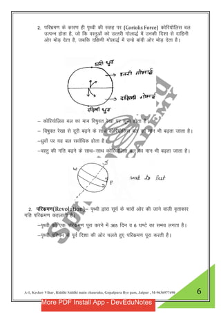 A-1, Keshav Vihar, Riddhi Siddhi main chauraha, Gopalpura Bye pass, Jaipur , M-9636977490 6
2- ifjHkze.k ds dkj.k gh i`Foh dh lrg ij (Coriolis Force) dksfj;ksfyl cy
mRiUu gksrk gS] tks fd oLrqvksa dks mRrjh xksyk)Z esa mudh fn”kk ls nkfguh
vksj eksM+ nsrk gS] tcfd nf{k.kh xksyk)Z esa mUgs cka;h vksj eksM+ nsrk gSA
& dksfj;ksfyl cy dk eku fo’kqor js[kk ij “kwU; gksrk gSA
& fo’kqor js[kk ls nwjh c<+us ds lkFk dksfj;ksfyl cy dk eku Hkh c<+rk tkrk gSA
&/kqzoksa ij ;g cy lokZf/kd gksrk gSA
&oLrq dh xfr c<+us ds lkFk&lkFk dksfj;ksfyl cy dk eku Hkh c<+rk tkrk gSA
2- ifjdze.k(Revolution)& i`Foh }kjk lw;Z ds pkjksa vksj dh tkus okyh o`rkdkj
xfr ifjdze.k dgykrh gSA
&i`Foh dks ,d ifjdze.k iwjk djus esa 365 fnu o 6 ?k.Vs dk le; yxrk gSA
&i`Foh if”pe ls iwoZ fn”kk dh vksj pyrs gq, ifjdze.k iwjk djrh gSA
More PDF Install App - DevEduNotes
 