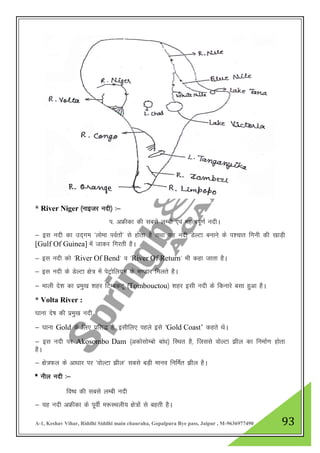 A-1, Keshav Vihar, Riddhi Siddhi main chauraha, Gopalpura Bye pass, Jaipur , M-9636977490 93
* River Niger ¼ukbtj unh½ %&
i- vÝhdk dh lcls yEch ,oa egRoiw.kZ unhA
& bl unh dk mn~xe ^yksek ioZrksa* ls gksrk gS rFkk ;g unh MsYVk cukus ds i”pkr fxuh dh [kkM+h
[Gulf Of Guinea] esa tkdj fxjrh gSA
& bl unh dks ^River Of Bend* o ^River Of Return* Hkh dgk tkrk gSA
& bl unh ds MsYVk {ks= esa isVªksfy;e ds Hk.Mkj feyrs gSA
& ekyh ns”k dk izeq[k 'kgj fVEcdVw ¼Tombouctou½ 'kgj blh unh ds fdukjs clk gqvk gSA
* Volta River :
?kkuk ns’k dh izeq[k unh
& ?kkuk Gold ds fy, izfl) gS] blhfy, igys bls ^Gold Coast‟ dgrs FksA
& bl unh ij Akosombo Dam ¼vdkslksEcks cka/k½ fLFkr gS] ftlls oksYVk >hy dk fuekZ.k gksrk
gSA
& {ks=Qy ds vk/kkj ij ^oksYVk >hy* lcls cM+h ekuo fufeZr >hy gSA
* uhy unh %&
fo’o dh lcls yEch unh
& ;g unh vÝhdk ds iwohZ e:LFkyh; {ks=ksa ls cgrh gSA
 