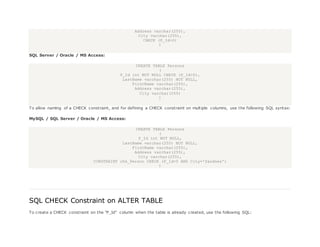 Address varchar(255),
City varchar(255),
CHECK (P_Id>0)
)
SQL Server / Oracle / MS Access:
CREATE TABLE Persons
(
P_Id int NOT NULL CHECK (P_Id>0),
LastName varchar(255) NOT NULL,
FirstName varchar(255),
Address varchar(255),
City varchar(255)
)
To allow naming of a CHECK constraint, and for defining a CHECK constraint on multiple columns, use the following SQL syntax:
MySQL / SQL Server / Oracle / MS Access:
CREATE TABLE Persons
(
P_Id int NOT NULL,
LastName varchar(255) NOT NULL,
FirstName varchar(255),
Address varchar(255),
City varchar(255),
CONSTRAINT chk_Person CHECK (P_Id>0 AND City='Sandnes')
)
SQL CHECK Constraint on ALTER TABLE
To create a CHECK constraint on the "P_Id" column when the table is already created, use the following SQL:
 