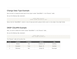 Change Data Type Example
Now we want to change the data type of the column named "DateOfBirth" in the "Persons" table.
We use the following SQL statement:
ALTER TABLE Persons
ALTER COLUMN DateOfBirth year
Notice that the "DateOfBirth" column is now of type year and is going to hold a year in a two-digit or four-digit format.
DROP COLUMN Example
Next, we want to delete the column named "DateOfBirth" in the "Persons" table.
We use the following SQL statement:
ALTER TABLE Persons
DROP COLUMN DateOfBirth
The "Persons" table will now like this:
P_Id LastName FirstName Address City
1 Hansen Ola Timoteivn 10 Sandnes
2 Svendson Tove Borgvn 23 Sandnes
3 Pettersen Kari Storgt 20 Stavanger
 
