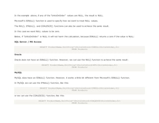 In the example above, if any of the "UnitsOnOrder" values are NULL, the result is NULL.
Microsoft's ISNULL() function is used to specify how we want to treat NULL values.
The NVL(), IFNULL(), and COALESCE() functions can also be used to achieve the same result.
In this case we want NULL values to be zero.
Below, if "UnitsOnOrder" is NULL it will not harm the calculation, because ISNULL() returns a zero if the value is NULL:
SQL Server / MS Access
SELECT ProductName,UnitPrice*(UnitsInStock+ISNULL(UnitsOnOrder,0))
FROM Products
Oracle
Oracle does not have an ISNULL() function. However, we can use the NVL() function to achieve the same result:
SELECT ProductName,UnitPrice*(UnitsInStock+NVL(UnitsOnOrder,0))
FROM Products
MySQL
MySQL does have an ISNULL() function. However, it works a little bit different from Microsoft's ISNULL() function.
In MySQL we can use the IFNULL() function, like this:
SELECT ProductName,UnitPrice*(UnitsInStock+IFNULL(UnitsOnOrder,0))
FROM Products
or we can use the COALESCE() function, like this:
SELECT ProductName,UnitPrice*(UnitsInStock+COALESCE(UnitsOnOrder,0))
FROM Products
 