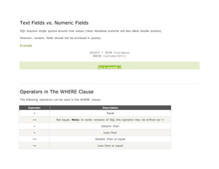 Text Fields vs. Numeric Fields
SQL requires single quotes around text values (most database systems will also allow double quotes).
However, numeric fields should not be enclosed in quotes:
Example
SELECT * FROM Customers
WHERE CustomerID=1;
Try it yourself »
Operators in The WHERE Clause
The following operators can be used in the WHERE clause:
Operator Description
= Equal
<> Not equal. Note: In some versions of SQL this operator may be written as !=
> Greater than
< Less than
>= Greater than or equal
<= Less than or equal
 