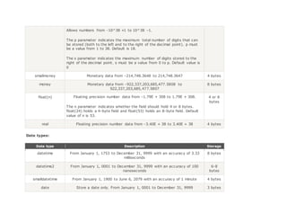 Allows numbers from -10^38 +1 to 10^38 –1.
The p parameter indicates the maximum total number of digits that can
be stored (both to the left and to the right of the decimal point). p must
be a value from 1 to 38. Default is 18.
The s parameter indicates the maximum number of digits stored to the
right of the decimal point. s must be a value from 0 to p. Default value is
0
smallmoney Monetary data from -214,748.3648 to 214,748.3647 4 bytes
money Monetary data from -922,337,203,685,477.5808 to
922,337,203,685,477.5807
8 bytes
float(n) Floating precision number data from -1.79E + 308 to 1.79E + 308.
The n parameter indicates whether the field should hold 4 or 8 bytes.
float(24) holds a 4-byte field and float(53) holds an 8-byte field. Default
value of n is 53.
4 or 8
bytes
real Floating precision number data from -3.40E + 38 to 3.40E + 38 4 bytes
Date types:
Data type Description Storage
datetime From January 1, 1753 to December 31, 9999 with an accuracy of 3.33
milliseconds
8 bytes
datetime2 From January 1, 0001 to December 31, 9999 with an accuracy of 100
nanoseconds
6-8
bytes
smalldatetime From January 1, 1900 to June 6, 2079 with an accuracy of 1 minute 4 bytes
date Store a date only. From January 1, 0001 to December 31, 9999 3 bytes
 