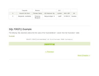 Taquería Moreno D.F.
4 Around the Horn Thomas Hardy 120 Hanover Sq. London WA1 1DP UK
5 Berglunds snabbköp Christina
Berglund
Berguvsvägen 8 Luleå S-958 22 Sweden
SQL FIRST() Example
The following SQL statement selects the first value of the "CustomerName" column from the "Customers" table:
Example
SELECT FIRST(CustomerName) AS FirstCustomer FROM Customers;
Try it yourself »
« Previous
Next Chapter »
 