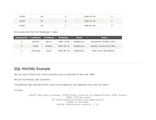 10248 90 5 1996-07-04 3
10249 81 6 1996-07-05 1
10250 34 4 1996-07-08 2
And a selection from the "Employees" table:
EmployeeID LastName FirstName BirthDate Photo Notes
1 Davolio Nancy 1968-12-08 EmpID1.pic Education includes a BA....
2 Fuller Andrew 1952-02-19 EmpID2.pic Andrew received his BTS....
3 Leverling Janet 1963-08-30 EmpID3.pic Janet has a BS degree....
SQL HAVING Example
Now we want to find if any of the customers have a total order of less than 2000.
We use the following SQL statement:
The following SQL statement finds if any of the employees has registered more than 10 orders:
Example
SELECT Employees.LastName, COUNT(Orders.OrderID) AS NumberOfOrders FROM (Orders
INNER JOIN Employees
ON Orders.EmployeeID=Employees.EmployeeID)
GROUP BY LastName
HAVING COUNT(Orders.OrderID) > 10;
 