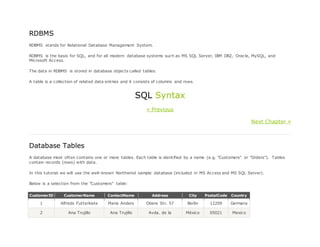 RDBMS
RDBMS stands for Relational Database Management System.
RDBMS is the basis for SQL, and for all modern database systems such as MS SQL Server, IBM DB2, Oracle, MySQL, and
Microsoft Access.
The data in RDBMS is stored in database objects called tables.
A table is a collection of related data entries and it consists of columns and rows.
SQL Syntax
« Previous
Next Chapter »
Database Tables
A database most often contains one or more tables. Each table is identified by a name (e.g. "Customers" or "Orders"). Tables
contain records (rows) with data.
In this tutorial we will use the well-known Northwind sample database (included in MS Access and MS SQL Server).
Below is a selection from the "Customers" table:
CustomerID CustomerName ContactName Address City PostalCode Country
1 Alfreds Futterkiste Maria Anders Obere Str. 57 Berlin 12209 Germany
2 Ana Trujillo Ana Trujillo Avda. de la México 05021 Mexico
 