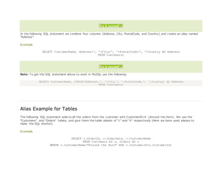 Try it yourself »
In the following SQL statement we combine four columns (Address, City, PostalCode, and Country) and create an alias named
"Address":
Example
SELECT CustomerName, Address+', '+City+', '+PostalCode+', '+Country AS Address
FROM Customers;
Try it yourself »
Note: To get the SQL statement above to work in MySQL use the following:
SELECT CustomerName, CONCAT(Address,', ',City,', ',PostalCode,', ',Country) AS Address
FROM Customers;
Alias Example for Tables
The following SQL statement selects all the orders from the customer with CustomerID=4 (Around the Horn). We use the
"Customers" and "Orders" tables, and give them the table aliases of "c" and "o" respectively (Here we have used aliases to
make the SQL shorter):
Example
SELECT o.OrderID, o.OrderDate, c.CustomerName
FROM Customers AS c, Orders AS o
WHERE c.CustomerName="Around the Horn" AND c.CustomerID=o.CustomerID;
 