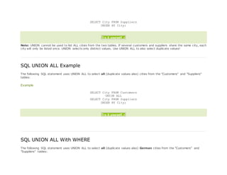 SELECT City FROM Suppliers
ORDER BY City;
Try it yourself »
Note: UNION cannot be used to list ALL cities from the two tables. If several customers and suppliers share the same city, each
city will only be listed once. UNION selects only distinct values. Use UNION ALL to also select duplicate values!
SQL UNION ALL Example
The following SQL statement uses UNION ALL to select all (duplicate values also) cities from the "Customers" and "Suppliers"
tables:
Example
SELECT City FROM Customers
UNION ALL
SELECT City FROM Suppliers
ORDER BY City;
Try it yourself »
SQL UNION ALL With WHERE
The following SQL statement uses UNION ALL to select all (duplicate values also) German cities from the "Customers" and
"Suppliers" tables:
 