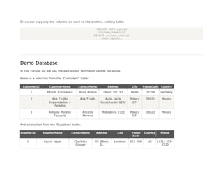 Or we can copy only the columns we want to into another, existing table:
INSERT INTO table2
(column_name(s))
SELECT column_name(s)
FROM table1;
Demo Database
In this tutorial we will use the well-known Northwind sample database.
Below is a selection from the "Customers" table:
CustomerID CustomerName ContactName Address City PostalCode Country
1 Alfreds Futterkiste Maria Anders Obere Str. 57 Berlin 12209 Germany
2 Ana Trujillo
Emparedados y
helados
Ana Trujillo Avda. de la
Constitución 2222
México
D.F.
05021 Mexico
3 Antonio Moreno
Taquería
Antonio
Moreno
Mataderos 2312 México
D.F.
05023 Mexico
And a selection from the "Suppliers" table:
SupplierID SupplierName ContactName Address City Postal
Code
Country Phone
1 Exotic Liquid Charlotte
Cooper
49 Gilbert
St.
Londona EC1 4SD UK (171) 555-
2222
 