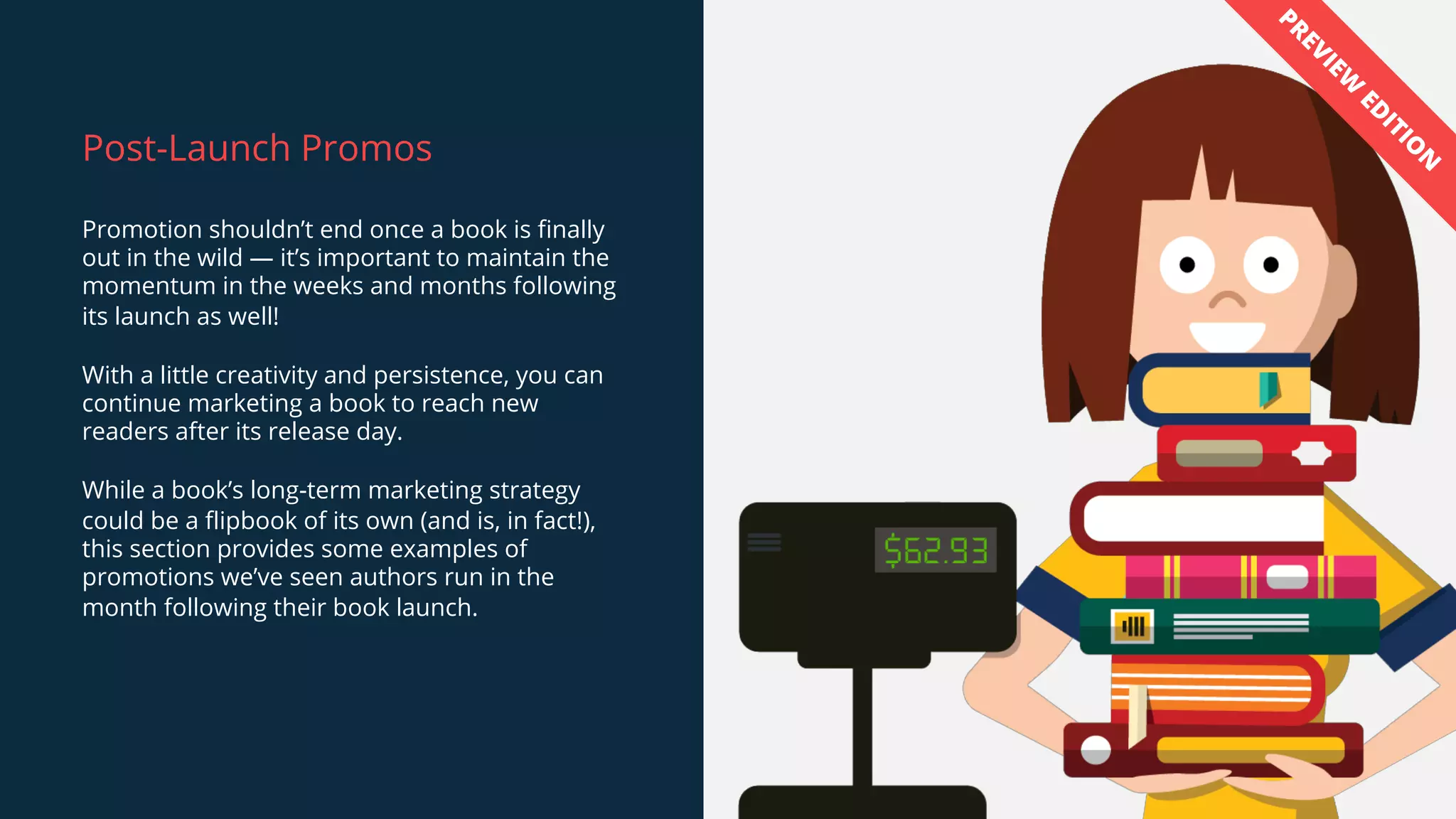 Post-Launch Promos
Promotion shouldn’t end once a book is finally
out in the wild — it’s important to maintain the
momentum in the weeks and months following
its launch as well!
With a little creativity and persistence, you can
continue marketing a book to reach new
readers after its release day.
While a book’s long-term marketing strategy
could be a flipbook of its own (and is, in fact!),
this section provides some examples of
promotions we’ve seen authors run in the
month following their book launch.
PREVIEW
ED
ITIO
N
 