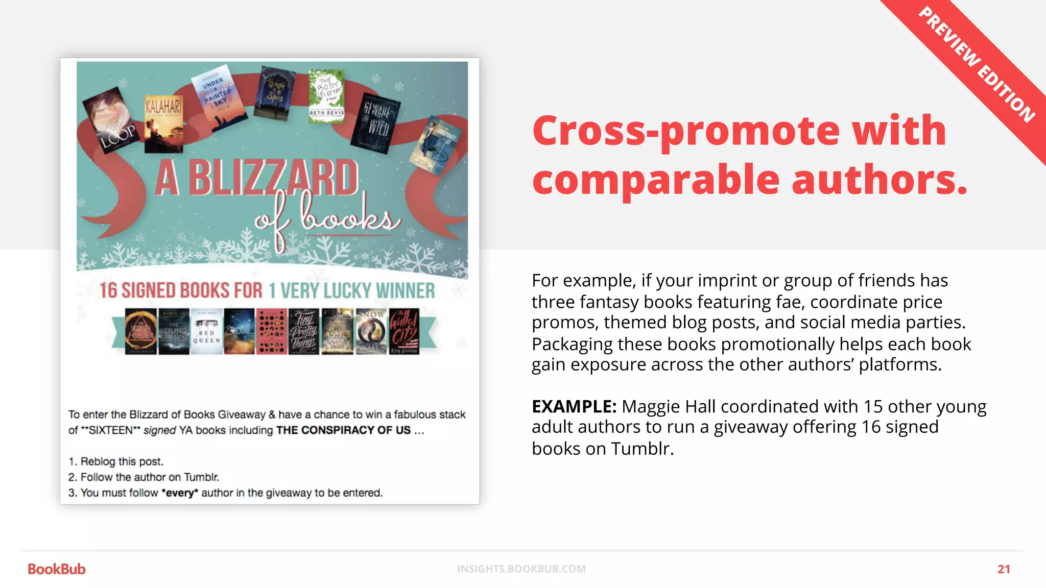 INSIGHTS.BOOKBUB.COM
Cross-promote with
comparable authors.
For example, if your imprint or group of friends has
three fantasy books featuring fae, coordinate price
promos, themed blog posts, and social media parties.
Packaging these books promotionally helps each book
gain exposure across the other authors’ platforms.
EXAMPLE: Maggie Hall coordinated with 15 other young
adult authors to run a giveaway offering 16 signed
books on Tumblr.
21
PREVIEW
ED
ITIO
N
 
