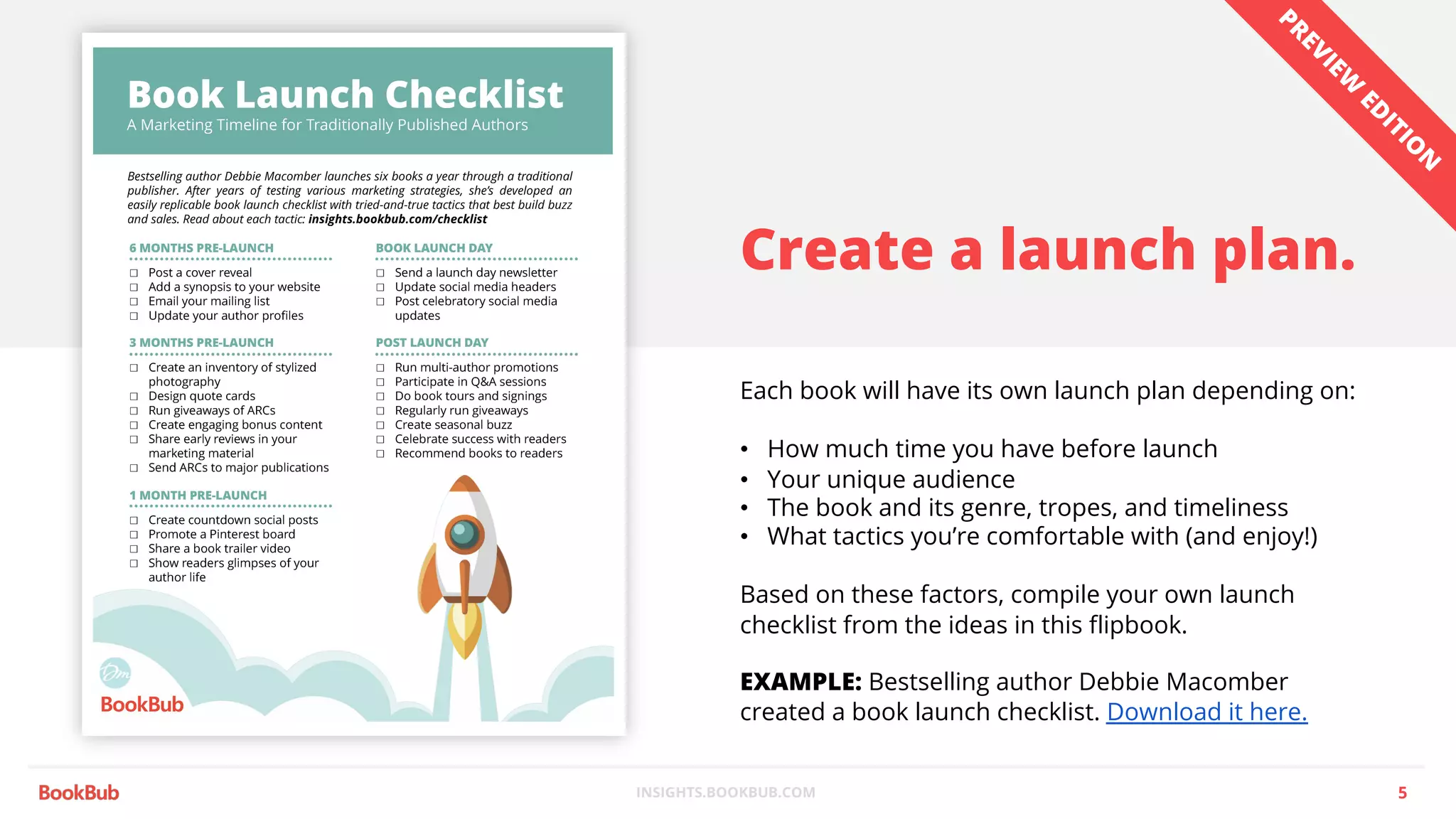 INSIGHTS.BOOKBUB.COM
Create a launch plan.
Each book will have its own launch plan depending on:
• How much time you have before launch
• Your unique audience
• The book and its genre, tropes, and timeliness
• What tactics you’re comfortable with (and enjoy!)
Based on these factors, compile your own launch
checklist from the ideas in this flipbook.
EXAMPLE: Bestselling author Debbie Macomber
created a book launch checklist. Download it here.
5
PREVIEW
ED
ITIO
N
 