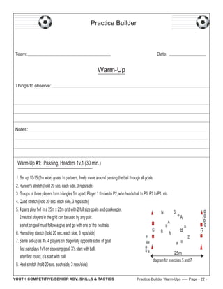 Practice Builder

Team:

Date:

Warm-Up
Things to observe:

Notes:

Warm-Up #1: Passing, Headers 1v.1 (30 min.)
1. Set up 10-15 (2m wide) goals. In partners, freely move around passing the ball through all goals.
2. Runner's stretch (hold 20 sec. each side, 3 reps/side)
3. Groups of three players form triangles 5m apart. Player 1 throws to P2, who heads ball to P3. P3 to P1, etc.
4. Quad stretch (hold 20 sec. each side, 3 reps/side)

5. 4 pairs play 1v1 in a 25m x 25m grid with 2 full size goals and goalkeeper.

G

6. Hamstring stretch (hold 20 sec. each side, 3 reps/side)
first pair plays 1v1 on opposing goal. X's start with ball.
after first round, o's start with ball.
8. Heel stretch (hold 20 sec. each side, 3 reps/side)
YOUTH COMPETITIVE/SENIOR ADV. SKILLS & TACTICS

A

A

a shot on goal must follow a give and go with one of the neutrals.
7. Same set-up as #5. 4 players on diagonally opposite sides of goal.

B

N

2 neutral players in the grid can be used by any pair.

x
x

B

B

N
A

B

G

o
o
o
o

25m
diagram for exercises 5 and 7

Practice Builder Warm-Ups ----- Page - 22 -

 