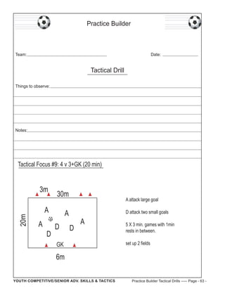 Practice Builder

Team:

Date:

Tactical Drill
Things to observe:

Notes:

Tactical Focus #9: 4 v 3+GK (20 min)

20m

3m

30m

A
A

D

A attack large goal

A
D

D attack two small goals

D

A

GK

5 X 3 min. games with 1min
rests in between.
set up 2 fields

6m
YOUTH COMPETITIVE/SENIOR ADV. SKILLS & TACTICS

Practice Builder Tactical Drills ----- Page - 63 -

 