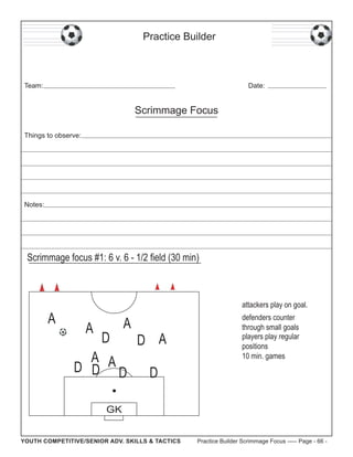 Practice Builder

Team:

Date:

Scrimmage Focus
Things to observe:

Notes:

Scrimmage focus #1: 6 v. 6 - 1/2 field (30 min)

A

attackers play on goal.

A

D

A

A A
D D D

D A

defenders counter
through small goals
players play regular
positions
10 min. games

D

GK
YOUTH COMPETITIVE/SENIOR ADV. SKILLS & TACTICS

Practice Builder Scrimmage Focus ----- Page - 66 -

 