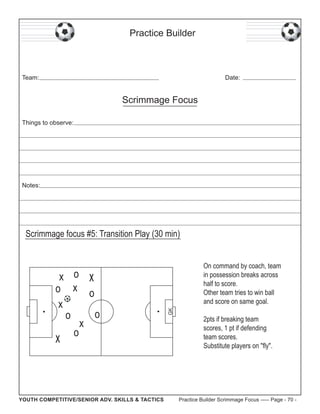 Practice Builder

Team:

Date:

Scrimmage Focus
Things to observe:

Notes:

Scrimmage focus #5: Transition Play (30 min)

x

YOUTH COMPETITIVE/SENIOR ADV. SKILLS & TACTICS

GK

x o x
o x o
x
o
o
x
o

On command by coach, team
in possession breaks across
half to score.
Other team tries to win ball
and score on same goal.
2pts if breaking team
scores, 1 pt if defending
team scores.
Substitute players on "fly".

Practice Builder Scrimmage Focus ----- Page - 70 -

 