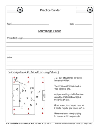 Practice Builder

Team:

Date:

Scrimmage Focus
Things to observe:

Notes:

Scrimmage focus #8: 7v7 with crossing (30 min.)

x

7 v 7 play 3 touch max. per player
in the marked field.

o

ox

o

o
x

x

o
o

The cones on either side mark a
"free crossing" lane.

x

o

GK

GK

x

x

x

A player receiving a ball in free lane
cannot be challenged and gets a
free cross on goal.
Goals scored from crosses count as
2 points. Regular goal counts as 1 pt.
Make sure teams mix up playing
for crosses and through middle.

YOUTH COMPETITIVE/SENIOR ADV. SKILLS & TACTICS

Practice Builder Scrimmage Focus ----- Page - 73 -

 