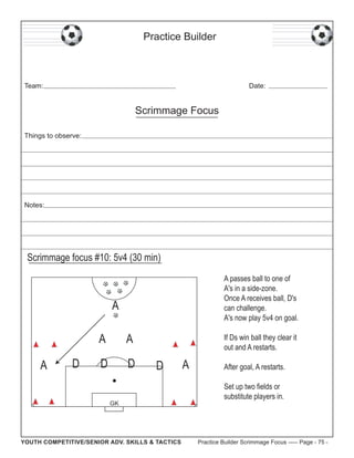 Practice Builder

Team:

Date:

Scrimmage Focus
Things to observe:

Notes:

Scrimmage focus #10: 5v4 (30 min)
A passes bal...