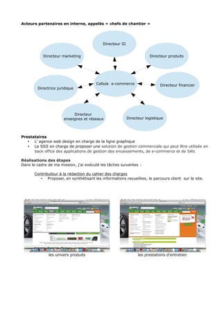 Acteurs partenaires en interne, appelés « chefs de chantier »
Prestataires
• L' agence web design en charge de la ligne graphique
• La SSII en charge de proposer une solution de gestion commerciale qui peut être utilisée en
back office des applications de gestion des encaissements, de e-commerce et de SAV.
Réalisations des étapes
Dans le cadre de ma mission, j'ai exécuté les tâches suivantes :
Contributeur à la rédaction du cahier des charges
• Proposer, en synthétisant les informations recueillies, le parcours client sur le site.
les univers produits les prestations d'entretien
Cellule e-commerce
Directeur marketing
Directrice juridique
Directeur
enseignes et réseaux
Directeur SI
Directeur produits
Directeur financier
Directeur logistique
 