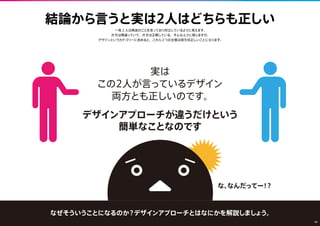 結論から言うと実は2人はどちらも正しい
一見 2 人は真逆のことを言っており対立しているように見えます。
片方は間違っていて、片方は正解している、そんなふうに感じますが、
デザインというカテゴリーに含めると、これら２つの主張は両方共正しいことになります。
実は
この2人が言っているデザイン
両方とも正しいのです。
デザインアプローチが違うだけという
簡単なことなのです。
な、なんだってー！？
なぜそういうことになるのか？デザインアプローチとはなにかを解説しましょう。
03
 