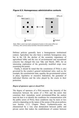 Office A Office B
Output Output
PAA 1 pol 1 PAA 2 pol 2
Figure 8.5: Homogeneous administrative contexts
Note: PAAs 1 and 2 are each composed of actors in the same office (or
ministry), who cannot easily facilitate interactions between them.
Defence policies generally have a homogeneous institutional
context. Agriculture has also been a similarly homogenous area,
but in the UK the decline of the economic importance of
agricultural lobby and the rise of environmental and recreational
concerns has changed this (see Toke and Marsh, 2003, for an
interesting exploration of the genetically modified crops issue
examining this point).
Finally, it should be noted that the constitution of PAAs is also
governed by the country’s general institutional rules, such as, for
example, the constitutional state, equality, the governmental system
in place, legislative or executive federalism, the guarantee of
individual liberties and the roles played by the courts in their
protection.
Degree of openness: open or closed PAA
The degree of openness of a PAA measures the intensity of the
interaction between the actors of a PAA and the actors that
constitute their immediate social environment.What the analyst
must do here is to identify the conditions for communication with
the public actors of PAAs; these conditions may be more or less
selective depending on the nature of the arenas of the given policies
(see Section 3.3.2, Chapter Three). Furthermore,some are
characterised by a very clear demarcation between public and
private actors that makes the establishment of contact between
 