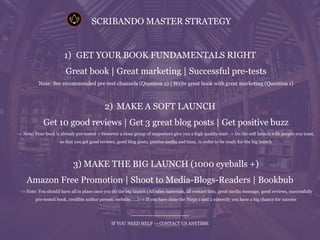 SCRIBANDO MASTER STRATEGY
1) GET YOUR BOOK FUNDAMENTALS RIGHT
Great book | Great marketing | Successful pre-tests
Note: See recommended pre-test channels (Question 2) | Write great book with great marketing (Question 1)
2) MAKE A SOFT LAUNCH
Get 10 good reviews | Get 3 great blog posts | Get positive buzz
-> Note: Your book is already pre-tested – However a close group of supporters give you a high quality start -> Do the soft launch with people you trust,
so that you get good reviews, good blog posts, postive media and buzz, in order to be ready for the big launch
3) MAKE THE BIG LAUNCH (1000 eyeballs +)
Amazon Free Promotion | Shoot to Media-Blogs-Readers | Bookbub
-> Note: You should have all in place once you do the big launch (All sales materials, all contact lists, great media message, good reviews, successfully
pre-tested book, credible author person, website, ….) -> If you have done the Steps 1 and 2 correctly you have a big chance for success
-----------------------------------
IF YOU NEED HELP -> CONTACT US ANYTIME
 