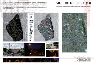Diagnostic et élaboration de programmes d‘aménagement
Maîtrise d’Ouvrage : Grand Toulouse
Mandataire : Attitudes Urbaines
Paysagiste : Roger Rouge
BE : Indiggo, Burotec, Dicobat
Mission : Schéma Directeur lumière
2012
VILLE DE TOULOUSE (31)-
ment des années 1950-1960. L’étude vise a déterminer les exigences paysagères, architecturales,
urbanistiques et d’usage en fonction des contraintes réglementaires, techniques et fonctionnelles
du lieu à aménager. La ville de Toulouse a lancé une étude de programmation globale intégrant un
volet liés aux éclairages.
compte environ 10210 habitants, soit 10,4 habitants par point lumineux.
 