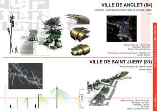 PROETSTETCONCOURS
2009
VILLE DE ANGLET (64)
Concours - Amenagement de la Place du General Leclerc
Maîtrise d’Ouvrage : Ville de Anglet
Mandataire : Metaphore
Mission : Conception Lumière
Montants total prévisionnel des travaux : 2 000 000 € HT
Surface : 6000m2
REFERENCES
VILLE DE SAINT JUERY (81)
Restructuration du centre urbain
concours perdu
Paysagiste : Lacointa
BE : Betem
Mission : Conception Lumière
2011
 