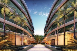 Ilustração artística da entrada das torres corporate
 