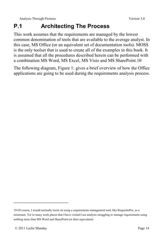 Analysis Through Pictures Version 3.0
© 2011 Leslie Munday Page 14
P.1 Architecting The Process
This work assumes that the requirements are managed by the lowest
common denomination of tools that are available to the average analyst. In
this case, MS Office (or an equivalent set of documentation tools). MOSS
is the only toolset that is used to create all of the examples in this book. It
is assumed that all the procedures described herein can be performed with
a combination MS Word, MS Excel, MS Visio and MS SharePoint.10
The following diagram, Figure 1: gives a brief overview of how the Office
applications are going to be used during the requirements analysis process.
10 Of course, I would normally insist on using a requirements management tool, like RequisitePro, as a
minimum. Yet in many work places that I have visited I see analysts struggling to manage requirements using
nothing more than MS Word and SharePoint (or their equivalent).
 